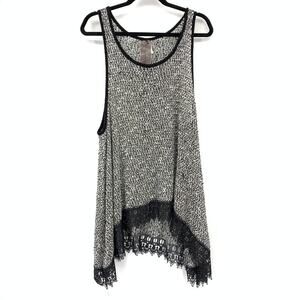 Moon Collection Women's Marled Knit Tunic XL Black White Lace Asymmetrical Hem